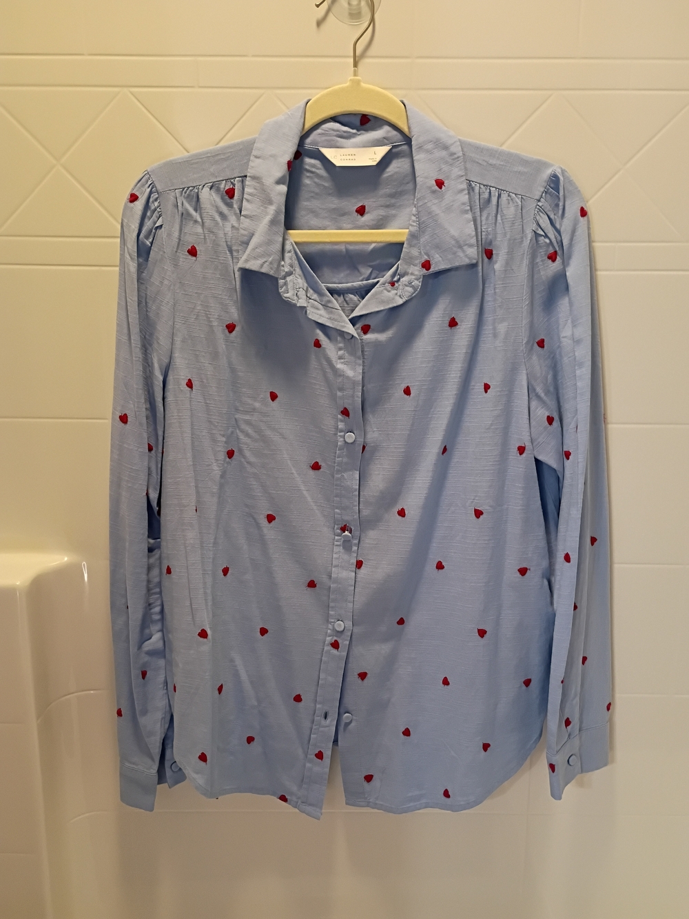 LC Lauren Conrad Light Blue Button-Down Shirt with Red Heart Motif